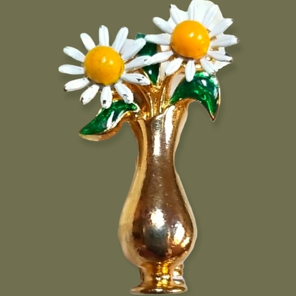 Vintage Floral Daisies Enamel Goldtone Vase Brooch Pin - Picture 1 of 10